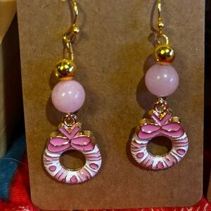 Pink and Gold Christmas Wreath Earrings